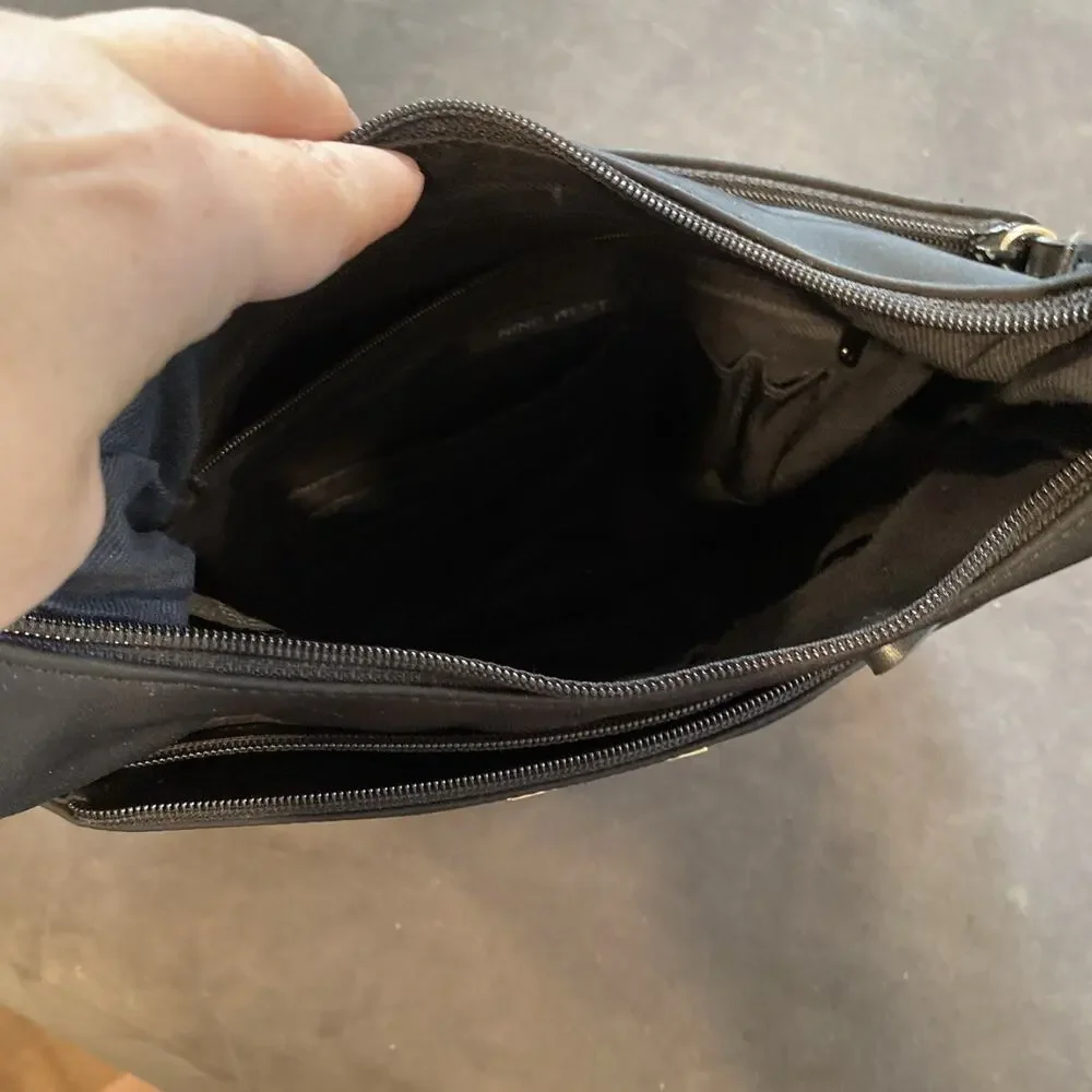 Nine West Black Nylon Shoulder Bag Multi Zip Hobo Purse Womens